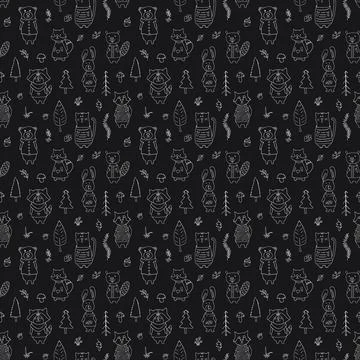 Cute animals Seamless pattern. Cartoon Animals in forest background. Vector i Stock Illustration