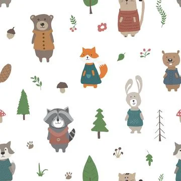 Cute animals Seamless pattern. Cartoon Animals in forest background. Vector i Stock Illustration