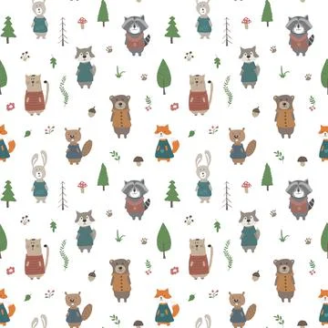 Cute animals Seamless pattern. Cartoon Animals in forest background. Vector i Stock Illustration