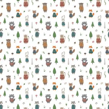 Cute animals Seamless pattern. Cartoon Animals in forest background. Vector i Stock Illustration