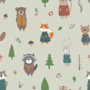 Cute animals Seamless pattern. Cartoon Animals in forest background. Vector i Stock Illustration