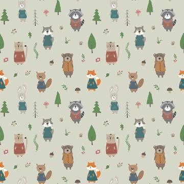 Cute animals Seamless pattern. Cartoon Animals in forest background. Vector i Stock Illustration