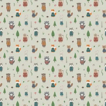 Cute animals Seamless pattern. Cartoon Animals in forest background. Vector i Illustrazione stock