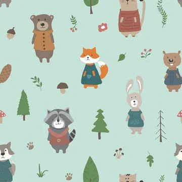 Cute animals Seamless pattern. Cartoon Animals in forest background. Vector i Stock Illustration