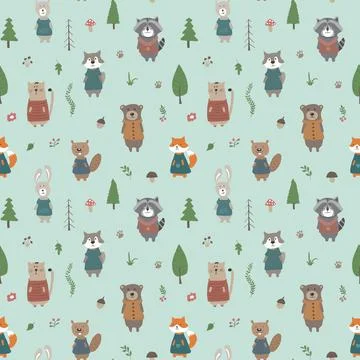 Cute animals Seamless pattern. Cartoon Animals in forest background. Vector i Stock Illustration
