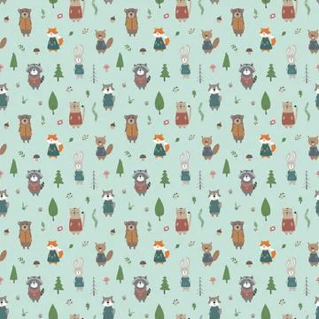 Cute animals Seamless pattern. Cartoon Animals in forest background. Vector i Stock Illustration
