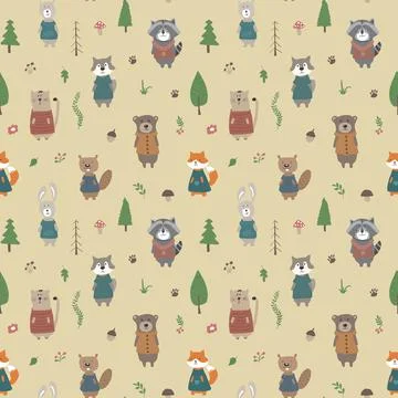 Cute animals Seamless pattern. Cartoon Animals in forest background. Vector i Stock Illustration