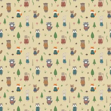Cute animals Seamless pattern. Cartoon Animals in forest background. Vector i Stock Illustration