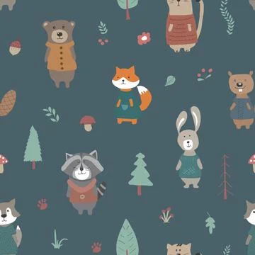 Cute animals Seamless pattern. Cartoon Animals in forest background. Vector i Stock Illustration