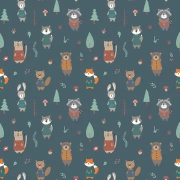 Cute animals Seamless pattern. Cartoon Animals in forest background. Vector i Stock Illustration