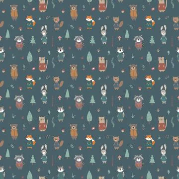 Cute animals Seamless pattern. Cartoon Animals in forest background. Vector i Stock Illustration
