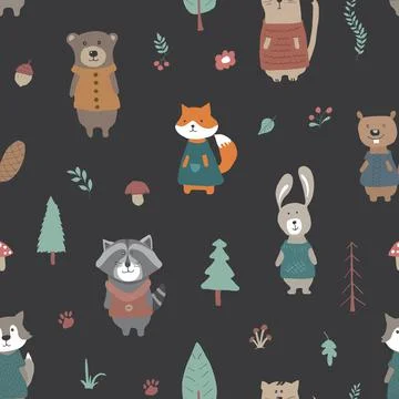 Cute animals Seamless pattern. Cartoon Animals in forest background. Vector i Stock Illustration