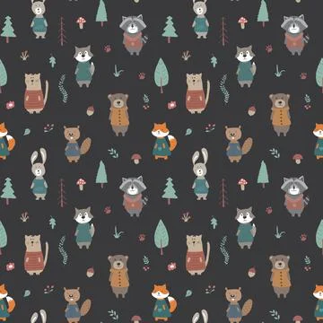 Cute animals Seamless pattern. Cartoon Animals in forest background. Vector i 스톡 일러스트