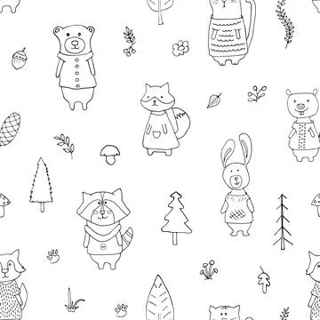 Cute animals Seamless pattern. Cartoon Animals in forest background. Vector i Stock Illustration