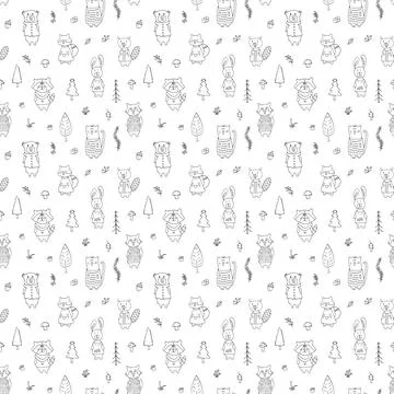 Cute animals Seamless pattern. Cartoon Animals in forest background. Vector i Stock Illustration