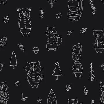 Cute animals Seamless pattern. Cartoon Animals in forest background. Vector i Stock Illustration