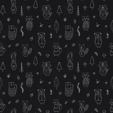 Cute animals Seamless pattern. Cartoon Animals in forest background. Vector i Stock Illustration