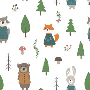 Cute animals Seamless pattern. Cartoon Animals in forest background. Vector i Stock Illustration