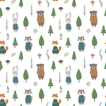Cute animals Seamless pattern. Cartoon Animals in forest background. Vector i Stock Illustration
