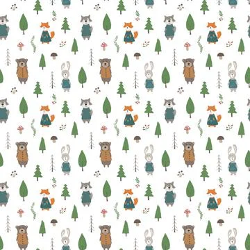 Cute animals Seamless pattern. Cartoon Animals in forest background. Vector i Stock Illustration