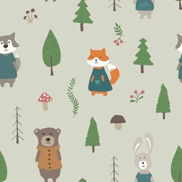 Cute animals Seamless pattern. Cartoon Animals in forest background. Vector i Stock Illustration