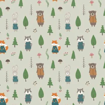 Cute animals Seamless pattern. Cartoon Animals in forest background. Vector i Stock Illustration