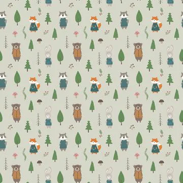 Cute animals Seamless pattern. Cartoon Animals in forest background. Vector i Stock Illustration