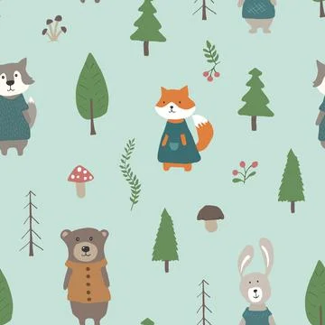 Cute animals Seamless pattern. Cartoon Animals in forest background. Vector i Stock Illustration