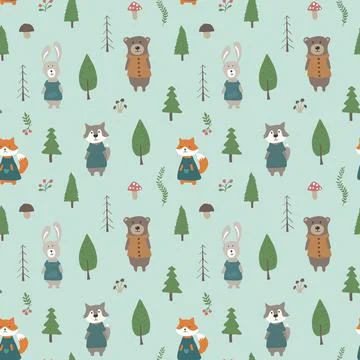 Cute animals Seamless pattern. Cartoon Animals in forest background. Vector i Stock Illustration