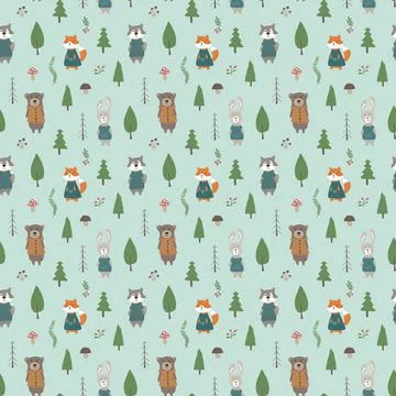 Cute animals Seamless pattern. Cartoon Animals in forest background. Vector i Stock Illustration