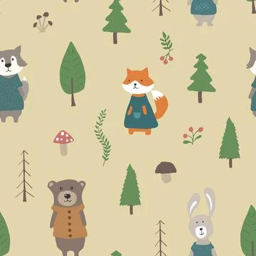 Cute animals Seamless pattern. Cartoon Animals in forest background. Vector i Stock Illustration