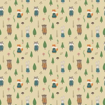 Cute animals Seamless pattern. Cartoon Animals in forest background. Vector i Stock Illustration