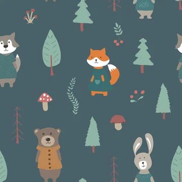 Cute animals Seamless pattern. Cartoon Animals in forest background. Vector i Stock Illustration