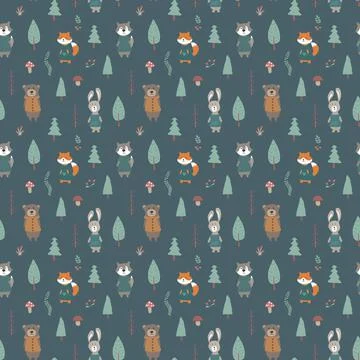 Cute animals Seamless pattern. Cartoon Animals in forest background. Vector i Stock Illustration