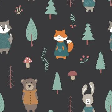 Cute animals Seamless pattern. Cartoon Animals in forest background. Vector i Stock Illustration