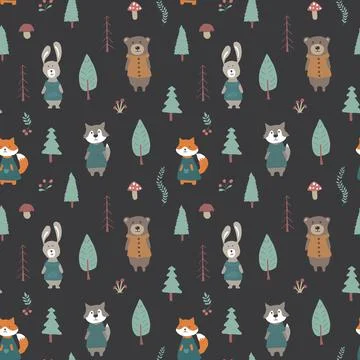 Cute animals Seamless pattern. Cartoon Animals in forest background. Vector i Stock Illustration