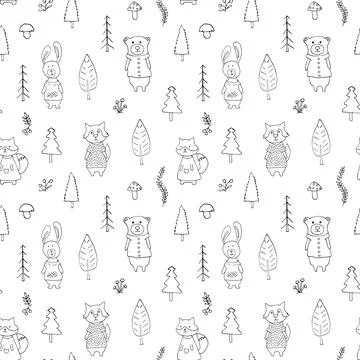 Cute animals Seamless pattern. Cartoon Animals in forest background. Vector i Stock Illustration