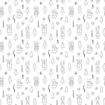 Cute animals Seamless pattern. Cartoon Animals in forest background. Vector i Stock Illustration