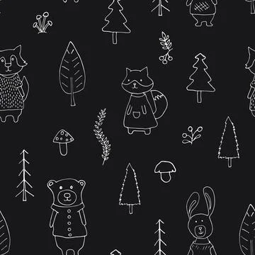 Cute animals Seamless pattern. Cartoon Animals in forest background. Vector i Stock Illustration