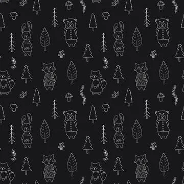 Cute animals Seamless pattern. Cartoon Animals in forest background. Vector i Stock Illustration