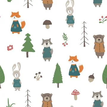 Cute animals Seamless pattern. Cartoon Animals in forest background. Vector i Stock Illustration
