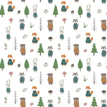 Cute animals Seamless pattern. Cartoon Animals in forest background. Vector i Stock Illustration