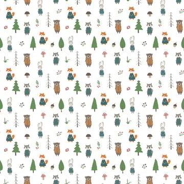 Cute animals Seamless pattern. Cartoon Animals in forest background. Vector i Illustrazione stock