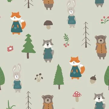 Cute animals Seamless pattern. Cartoon Animals in forest background. Vector i Stock Illustration