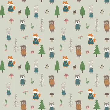 Cute animals Seamless pattern. Cartoon Animals in forest background. Vector i 스톡 일러스트