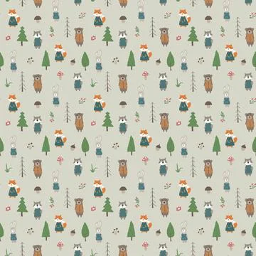 Cute animals Seamless pattern. Cartoon Animals in forest background. Vector i Stock Illustration