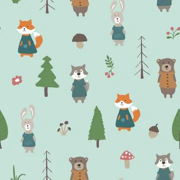 Cute animals Seamless pattern. Cartoon Animals in forest background. Vector i Stock Illustration