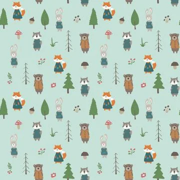 Cute animals Seamless pattern. Cartoon Animals in forest background. Vector i Stock Illustration