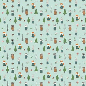 Cute animals Seamless pattern. Cartoon Animals in forest background. Vector i Stock Illustration