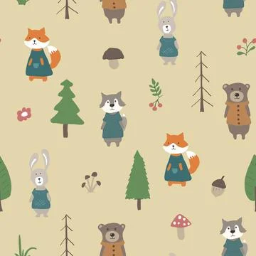 Cute animals Seamless pattern. Cartoon Animals in forest background. Vector i Stock Illustration